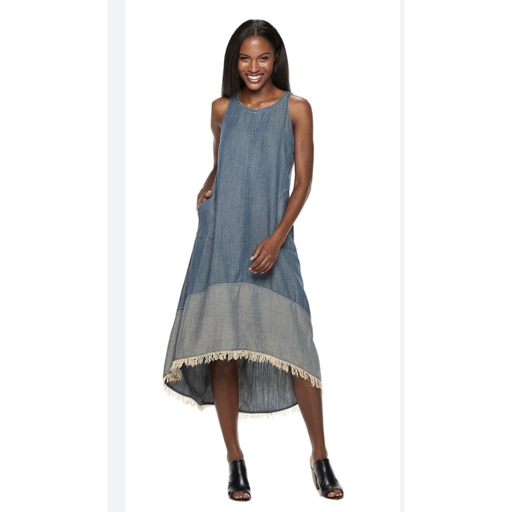 Hope & Harlow Denim Chambray Dress Sleeveless Midi Fringe High Low Hem Size 6